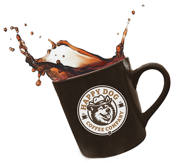 Happy Dog Coffee Company logo on a cup of coffee